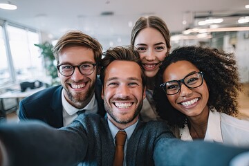 Four smiling young professionals, two men and two women, take a close-up selfie in a modern office setting, showcasing a diverse and happy team