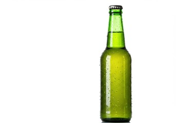 A refreshing green beer bottle with condensation isolated on white background