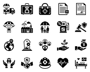 Insurance Types Vector Icon Set Featuring Black Silhouettes