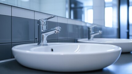Fototapeta premium a bathroom with two sinks and a mirror