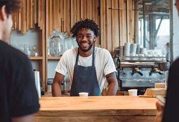 A smiling barista with dreadlocks stands behind a light wood counter in a modern coffee shop, interacting with customers. He wears a gray apron over a white t-shirt