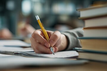 Close-up of a hand diligently writing with a pen on a notebook, surrounded by scattered papers and a stack of books, suggesting a study or writing session