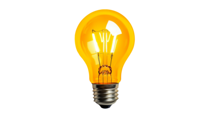 Illuminated lightbulb emits a bright yellow glow, featuring visible filaments and a metallic base.