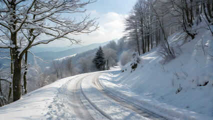 Fototapeta premium winter road in the forest covered with snow