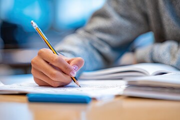 Close-up of a hand diligently writing with a pencil on paper, surrounded by open books and notebooks on a wooden desk