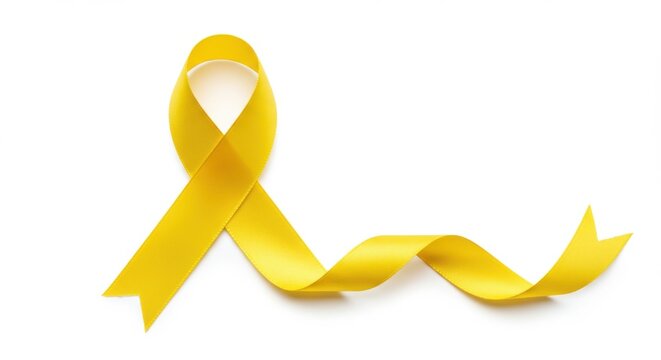A bright yellow ribbon curled on a white background