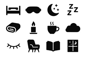 Black icons on white background for relaxation. Minimal vector for healthy sleep routines.