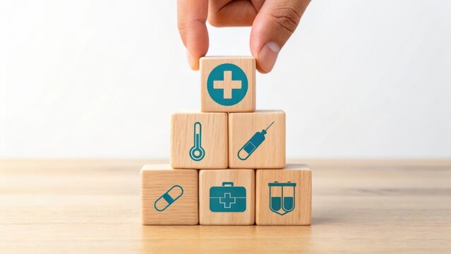 Hand stacking wooden blocks with medical symbols representing healthcare and wellness