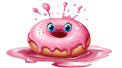 Kawaii donut sits in puddle of pink icing with splash and features large, cartoonish blue eyes.