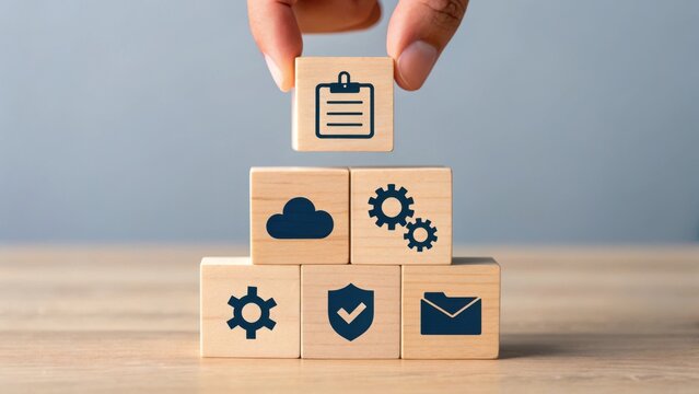 Hand placing wooden blocks with icons representing cloud storage security and workflow