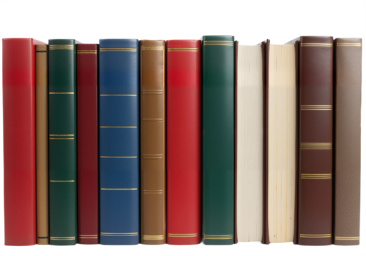 Row of Hardcover Books in Colorful Spines Against White Background, Symbolizing Knowledge, Tradition, and Literary Timelessness.