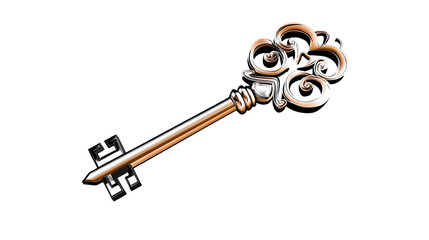 Ornate golden key is displayed diagonally against a stark background, featuring an elaborate head and uniquely shaped teeth.