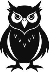 Stylized graphic of an angry or serious horned owl. Black and white vector illustration of a bird of prey, suitable for a logo or mascot. Fierce animal symbol isolated on a white background.