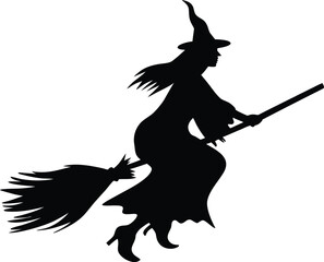 Witch Flying on Broom Silhouette – Halloween Party Illustration