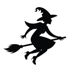 Obraz premium Flying Witch Silhouette on Broomstick – Halloween Vector Clipart