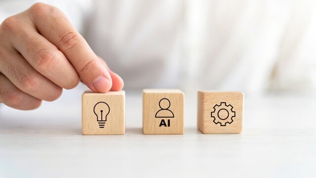 Hand places wooden cube with ai symbol next to idea and gear icons