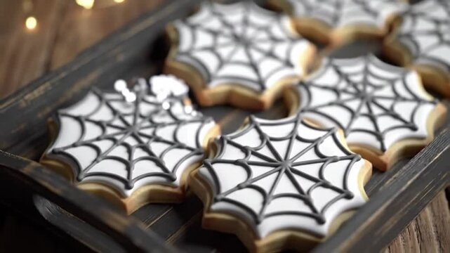 Zoom on spiderweb sugar cookies on rustic tray.