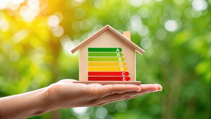 Hand holding a wooden house model with energy efficiency rating labels