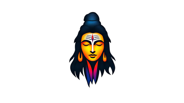 Shiva depicted with closed eyes floats against a isolated background with gradients of red and blue.