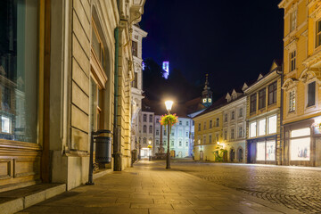 Fototapeta premium Town Hall and Robba Fountain illuminated at night in Ljubljana