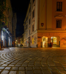 Quiet streets of Ljubljana Old Town at night with lamps and flowers