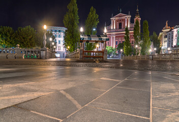 Franciscan Church of the Annunciation illuminated at night in Ljubljana