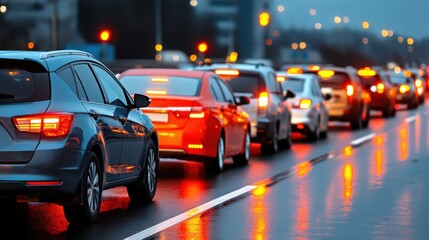 Fototapeta premium Traffic jam with cars lined up on wet city street during evening rush hour