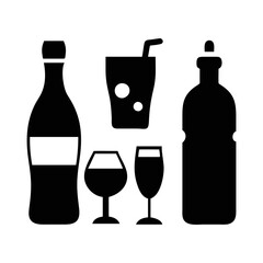 A collection of beverages including wine and a soft drink in black silhouettes