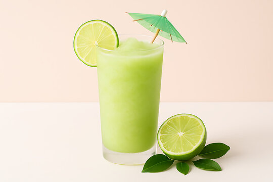 A refreshing lime slushy drink in a tall glass with a decorative umbrella and fresh lime slices national daiquiri day - Powered by Adobe