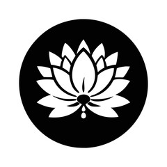 Stylized Lotus Flower Design in White on Black Circular Background Art