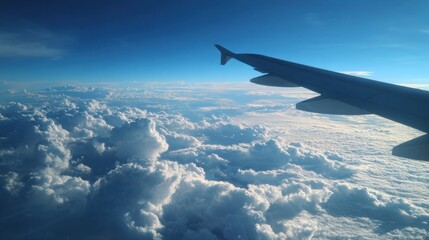 Obraz premium The silhouette of an airplane wing extends into the frame against a vast blue sky the fluffy cloud layers below creating a blanket of white evoking a sense of freedom and the endles