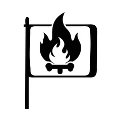 Simple black and white stylized campfire logo with a unique display stand