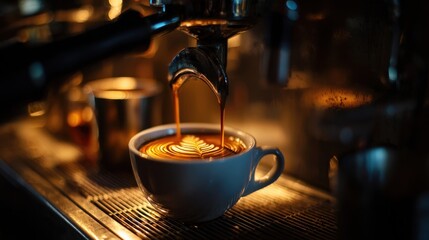 In a warm dimly lit kitchen a barista skillfully pulls an espresso shot from a highend coffee machine. The espresso cascades into a simple white cup while the vibrant crema forms intricat