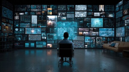 A futuristic workspace featuring a wall of digital screens showing realtime data analytics learning modules and tech news highlighting an individual immersed in selfdirected learnin