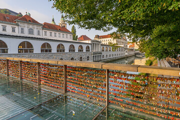 Love locks on Butcher’s Bridge in Ljubljana at sunrise