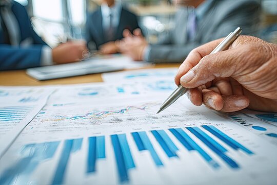 Close-up of a hand pointing at financial charts and graphs during a business meeting; colleagues blurred in background