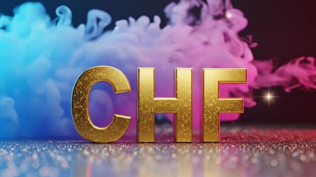 golden chf letters with swirling blue and pink smoke on reflective surface artistic visual