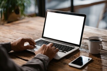Person's hands using a laptop with a blank screen on a rustic wooden table, accompanied by a coffee mug and smartphone