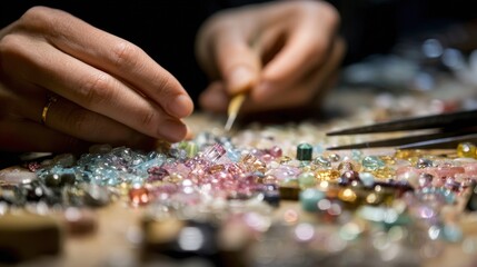 Closeup of hands delicately sorting through a collection of radiant gemstones and glass beads each exhibiting intricate patterns and textures while scattered tools and materials surroun