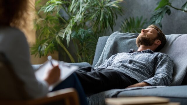 An office setting features a man lying back on a sofa visibly relieved as he expresses his thoughts while a therapist listens intently holding a notepad for observations. The surrounding