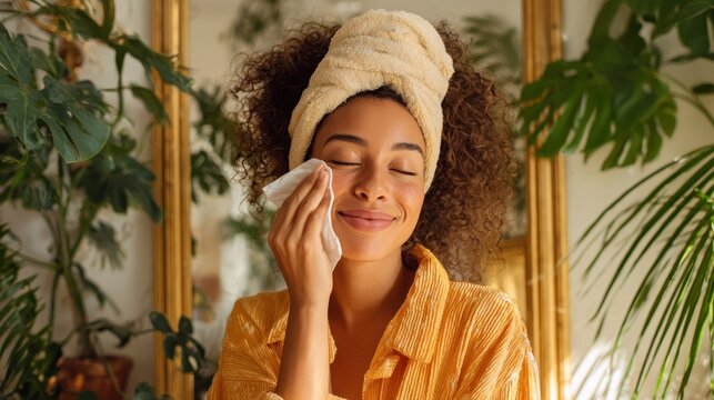 In a cozy welllit room a woman joyfully wipes off her makeup using a soft napkin. Her expression is one of relaxation and contentment and the background features a mirror and vibran