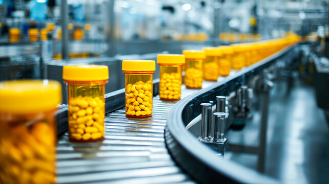 Yellow Medicine Bottles Progressing on Conveyor in Modern Pharma Factory Depicting Mass Production and Automation - Powered by Adobe