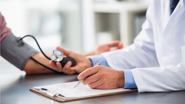 In a tidy examination room a healthcare provider is engaging with a patient demonstrating empathy while taking blood pressure readings. The sphygmomanometers cuff is visibly inflate