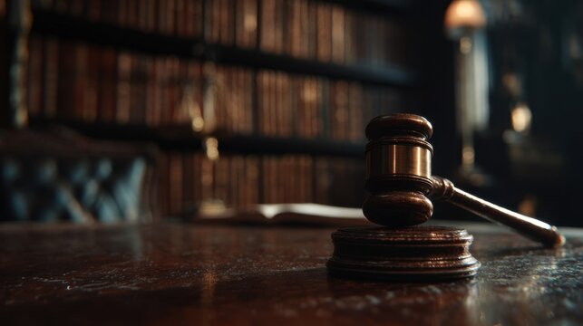 The camera dramatically pushes in on a gavel poised on an elegant table capturing the intricate details of the gavels craftsmanship while the blurred background gradually unveils towerin