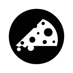 Black and white image featuring cheese slice icon in circle shape