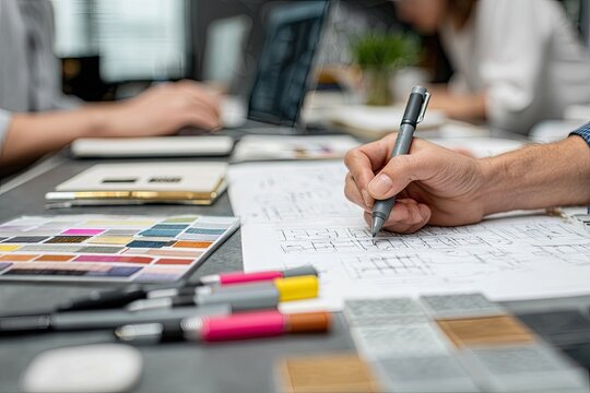 Close-up of a hand sketching architectural plans on a table cluttered with design materials, including color swatches and markers, alongside colleagues in a blurred background