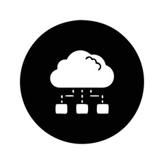 Cloud computing network diagram with connected servers and nodes illustrated in black circle