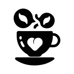 Aromatic Coffee Cup with Heart and Steam, Solid Black Silhouette Image