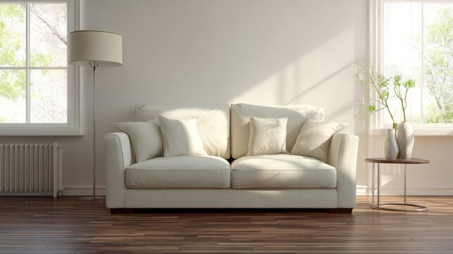 An inviting mediumsized sofa upholstered in light cream fabric rests on a glossy dark hardwood floor. The minimalist d&Atilde;&fnof;&Acirc;&copy;cor includes a single floor lamp with a slender base and a smal