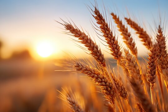 Golden wheat swaying gently in the breeze at sunset in late August